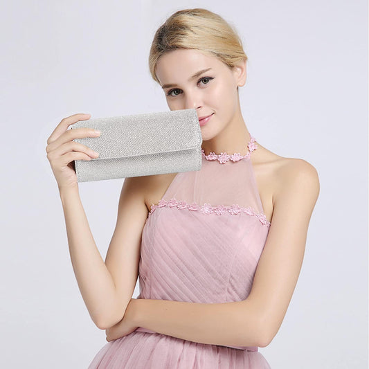 Evening Bag Clutch Purses for Women, Ladies Sparkling Party Handbag Wedding Bag, Silver V1259-DP01-A-3081