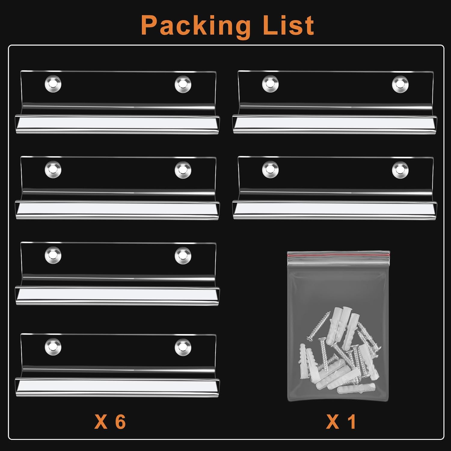 6 Pack Clear Vinyl Record Shelf Wall Mount Acrylic Album Display Holder Storage Hanger CD Floating Shelf for V1259-DP01-A-3092