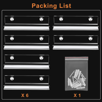 6 Pack Clear Vinyl Record Shelf Wall Mount Acrylic Album Display Holder Storage Hanger CD Floating Shelf for V1259-DP01-A-3092