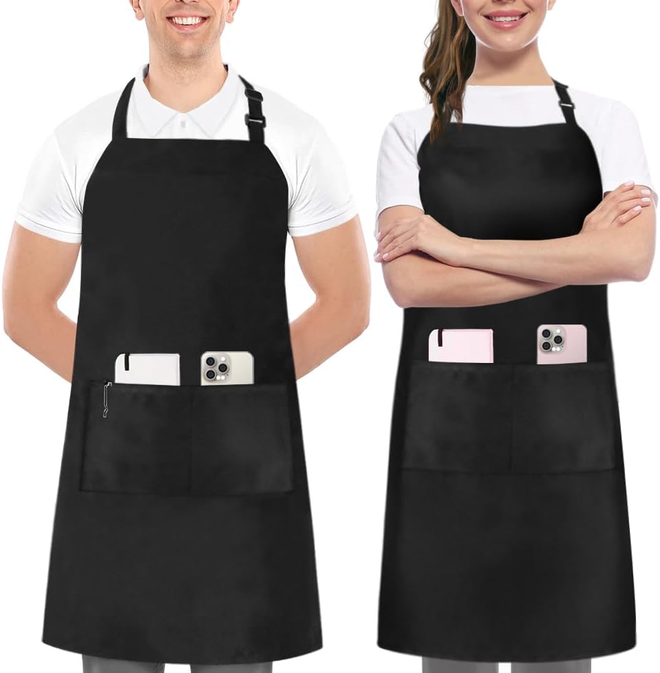 Adjustable Bib Apron (2-Pack) Water Oil Resistant Chef Cooking Kitchen Aprons with Pockets for Men Women V1259-DP01-A-3093