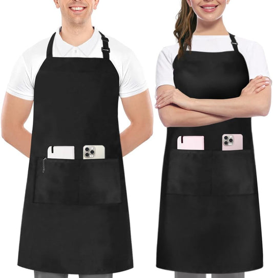 Adjustable Bib Apron (2-Pack) Water Oil Resistant Chef Cooking Kitchen Aprons with Pockets for Men Women V1259-DP01-A-3093