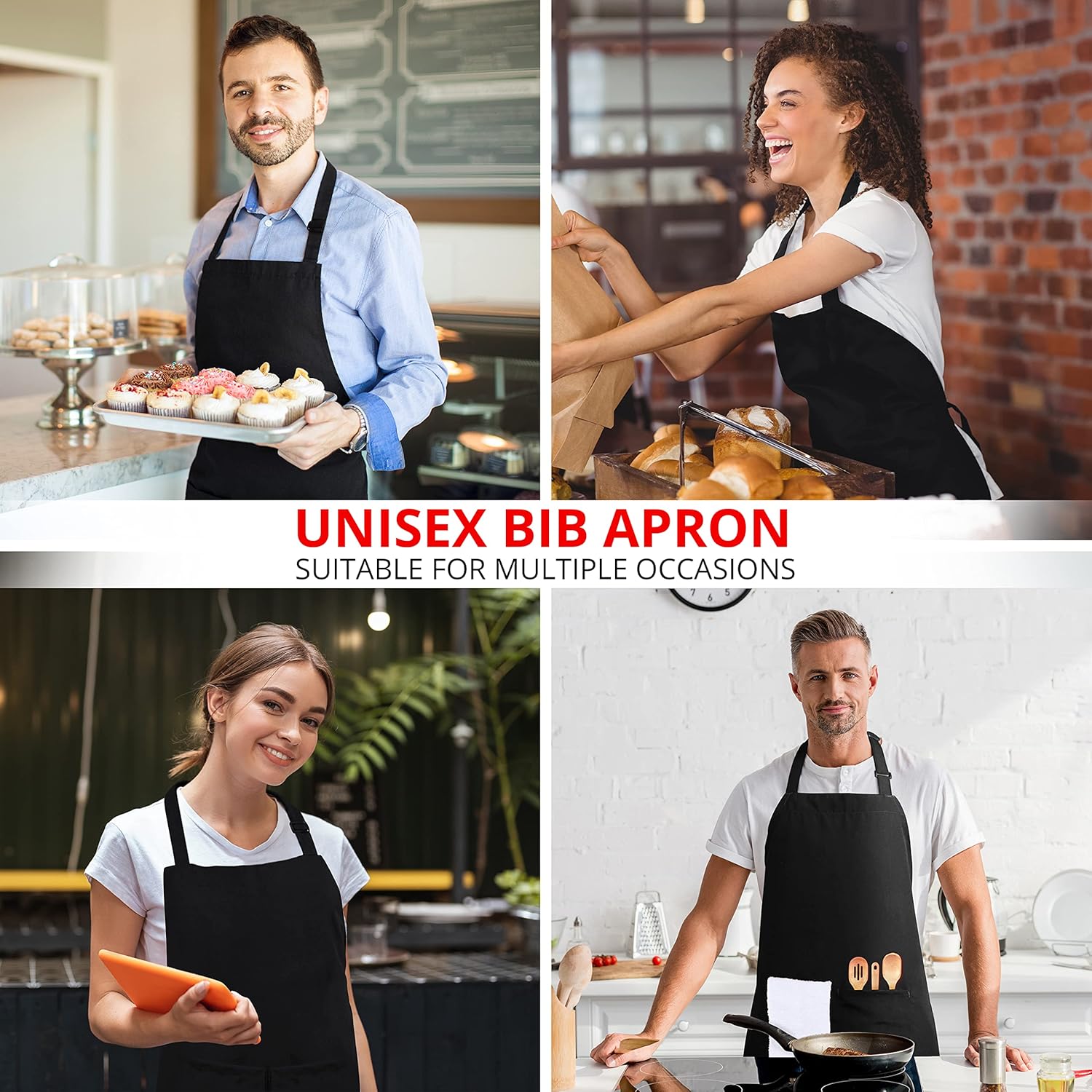 Adjustable Bib Apron (2-Pack) Water Oil Resistant Chef Cooking Kitchen Aprons with Pockets for Men Women V1259-DP01-A-3093