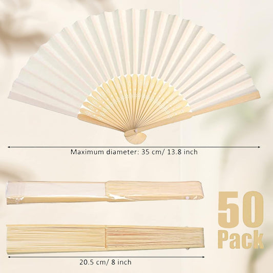 50pcs White Paper Hand Fan Bamboo Folding Fan Handheld Wedding Fans Folded Fan for Bridal Dancing Party V1259-DP01-A-3095
