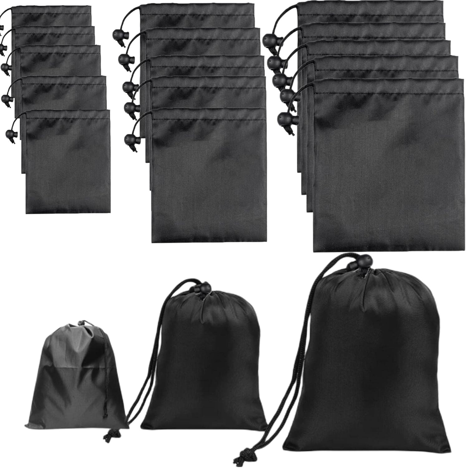 Drawstring Bag String Bag - 15Packs 3Sizes Nylon Cinch Ditty Stuff Pouch with Toggle for Gym, Luggage, V1259-DP01-A-3097