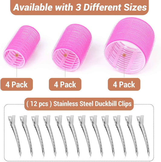 Self Grip Hair Rollers Curlers Set - 24 Pieces with 3 Sizes (4 Jumbo, 4 Large, 4 Medium) and 12 Clips for V1259-DP01-A-3099