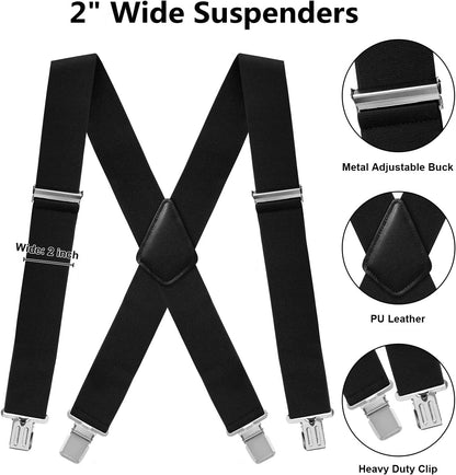 Mens Suspenders X-Back 2" Wide Adjustable Solid Straight Clip Suspenders V1259-DP01-A-3113