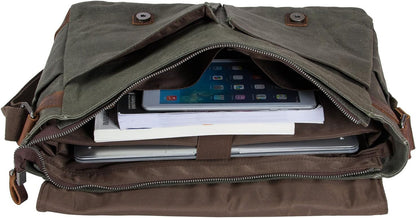 Vintage Genuine Leather Waxed Canvas Briefcase Large Satchel Shoulder Bag Rugged Computer 15.6" Laptop Bag V1259-DP01-A-3126