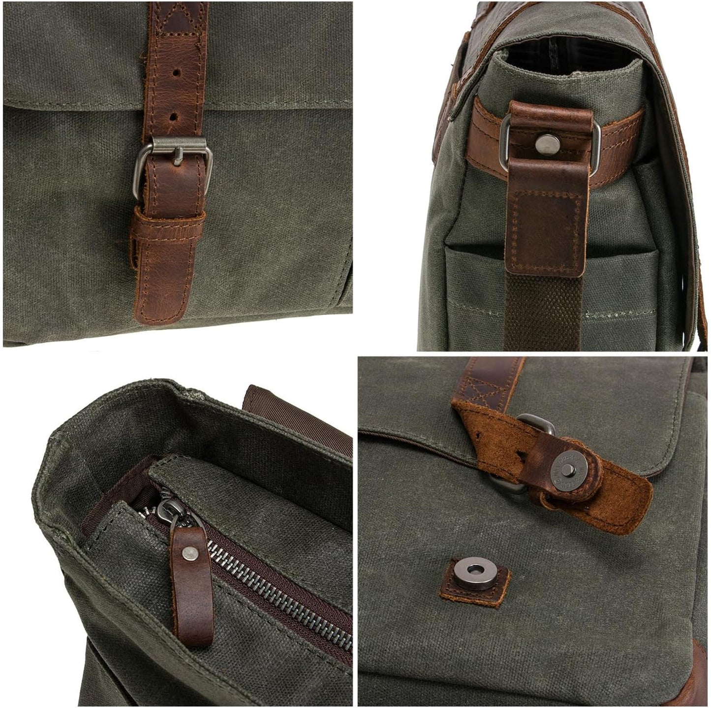 Vintage Genuine Leather Waxed Canvas Briefcase Large Satchel Shoulder Bag Rugged Computer 15.6" Laptop Bag V1259-DP01-A-3126