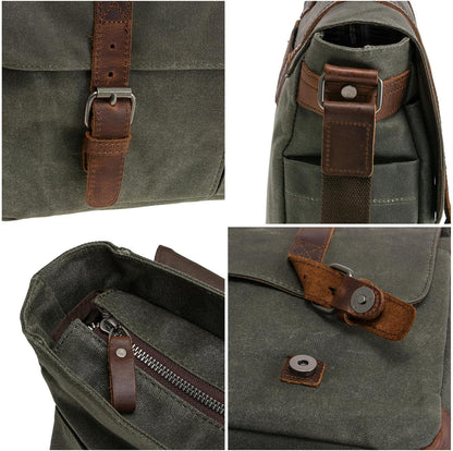 Vintage Genuine Leather Waxed Canvas Briefcase Large Satchel Shoulder Bag Rugged Computer 15.6" Laptop Bag V1259-DP01-A-3126
