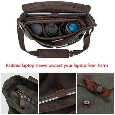 Vintage Genuine Leather Waxed Canvas Briefcase Large Satchel Shoulder Bag Rugged Computer 15.6" Laptop Bag V1259-DP01-A-3126