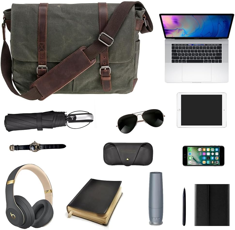 Vintage Genuine Leather Waxed Canvas Briefcase Large Satchel Shoulder Bag Rugged Computer 15.6" Laptop Bag V1259-DP01-A-3126