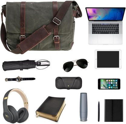 Vintage Genuine Leather Waxed Canvas Briefcase Large Satchel Shoulder Bag Rugged Computer 15.6" Laptop Bag V1259-DP01-A-3126