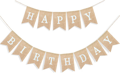 Happy Birthday Banner for Birthday Party Decorations, Rustic Burlap Bunting Swallowtail Flags, 2 in 1 V1259-DP01-A-3146