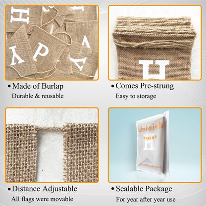 Happy Birthday Banner for Birthday Party Decorations, Rustic Burlap Bunting Swallowtail Flags, 2 in 1 V1259-DP01-A-3146