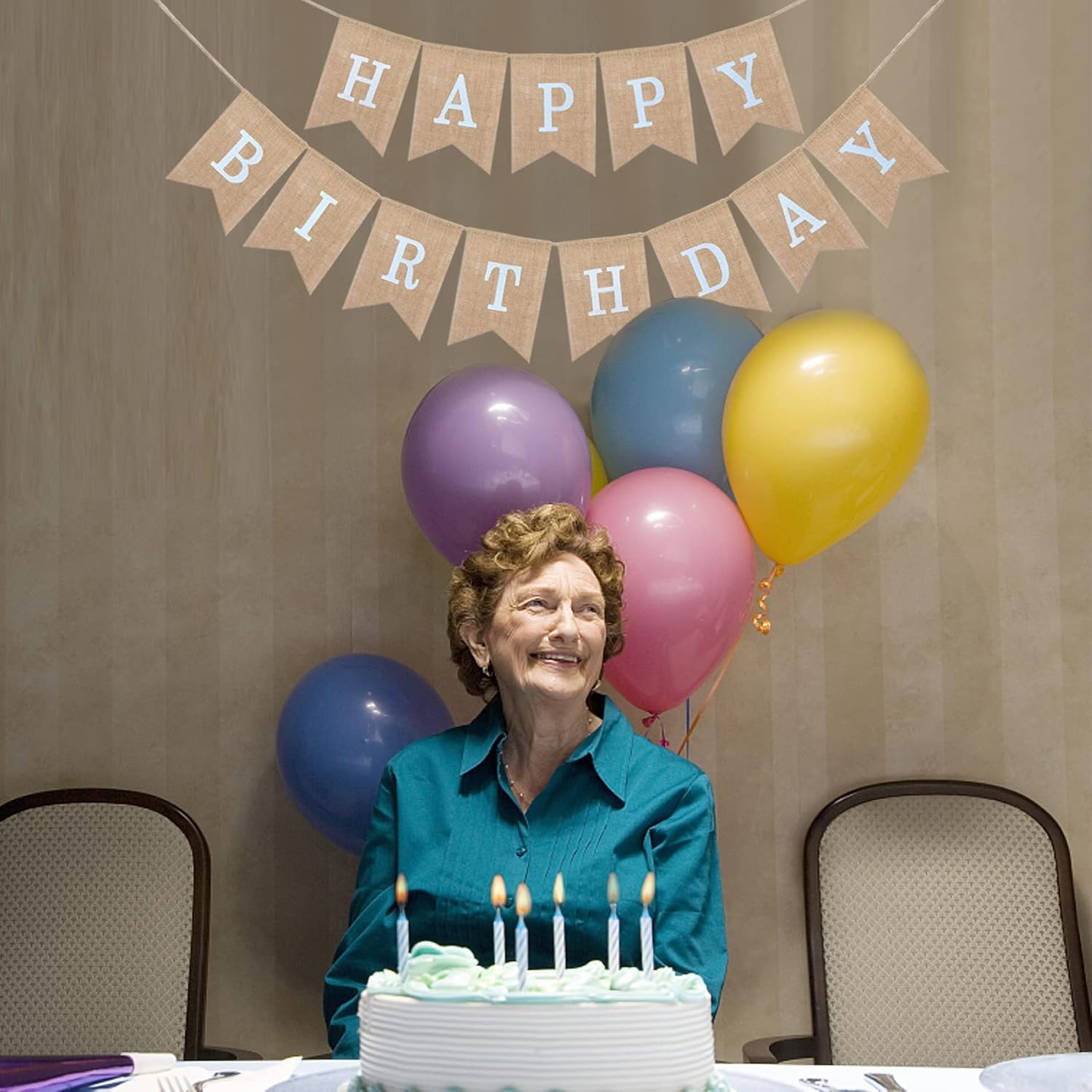 Happy Birthday Banner for Birthday Party Decorations, Rustic Burlap Bunting Swallowtail Flags, 2 in 1 V1259-DP01-A-3146
