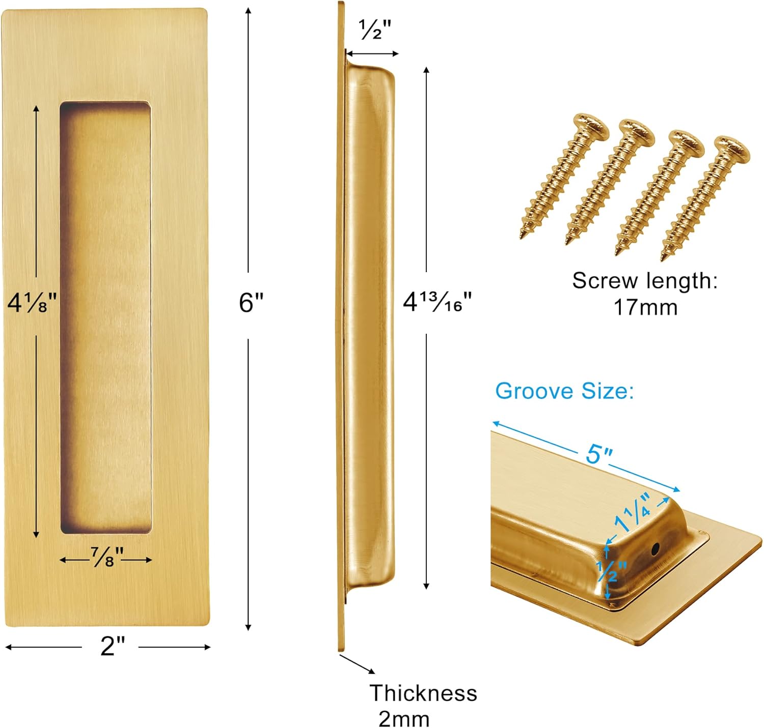 Recessed Finger Flush Pulls for Pocket, Sliding Barn Door - Brushed Gold Stainless Steel Rectangular Door V1259-DP01-A-3152