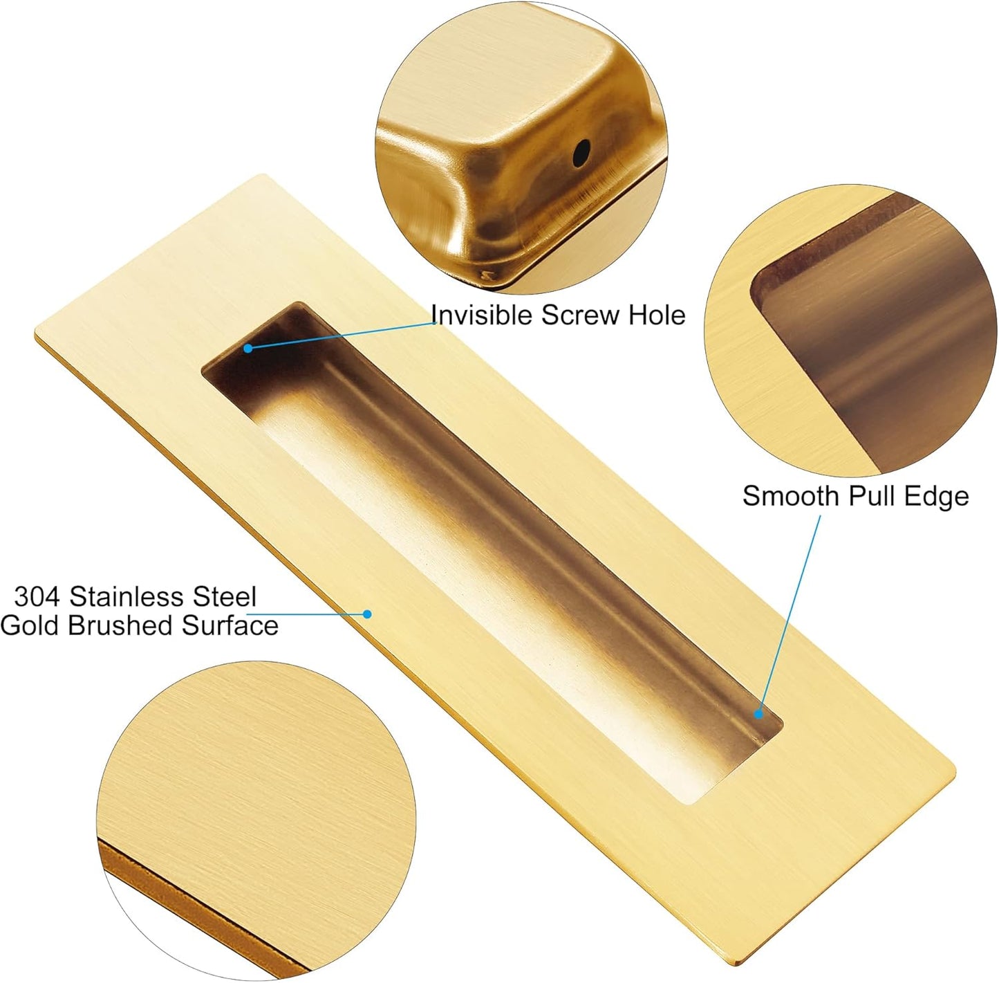 Recessed Finger Flush Pulls for Pocket, Sliding Barn Door - Brushed Gold Stainless Steel Rectangular Door V1259-DP01-A-3152