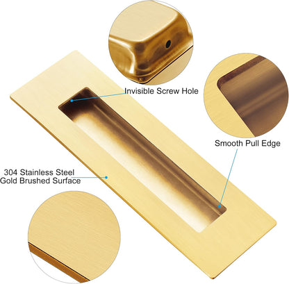 Recessed Finger Flush Pulls for Pocket, Sliding Barn Door - Brushed Gold Stainless Steel Rectangular Door V1259-DP01-A-3152