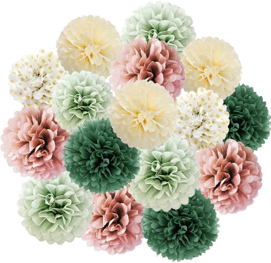 Sage Green Tissue Paper Pompom Decorations 16pcs Sage Green and Dusty Rose Flowers Olive Sage Green Party V1259-DP01-A-3161