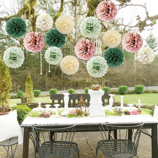Sage Green Tissue Paper Pompom Decorations 16pcs Sage Green and Dusty Rose Flowers Olive Sage Green Party V1259-DP01-A-3161