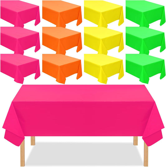 12 Pack Assorted Color Plastic Tablecloth Disposable Rectangle Table Cover Neon Party Supplies or Neon Party V1259-DP01-A-3164