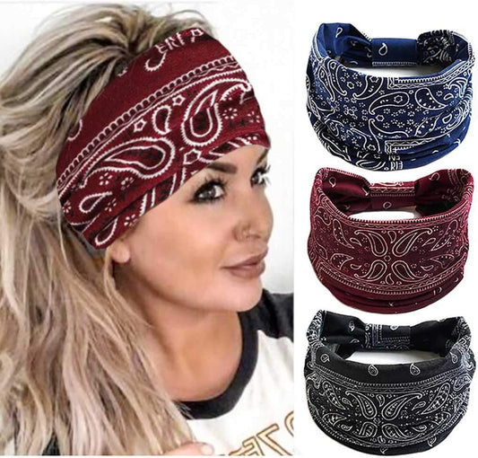 Boho Bandeau Headbands Wide Knot Hair Scarf Floral Printed Hair Band Elastic Turban Thick Head Wrap Stretch V1259-DP01-A-3167