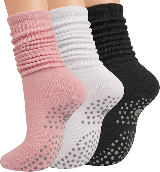 Grip Pilates Socks for Women, Yoga Slouch Socks with Grip for Barre Workout Hospital Long Scrunch Slipper V1259-DP01-A-3181