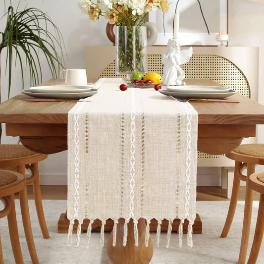 Fall Table Runner Farmhouse Rustic Style 13" x 90", Braided Striped Linen Cream Table Runner 90 Inches Long V1259-DP01-A-3186