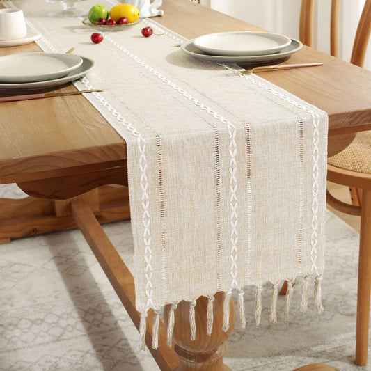 Fall Table Runner Farmhouse Rustic Style 13" x 90", Braided Striped Linen Cream Table Runner 90 Inches Long V1259-DP01-A-3186