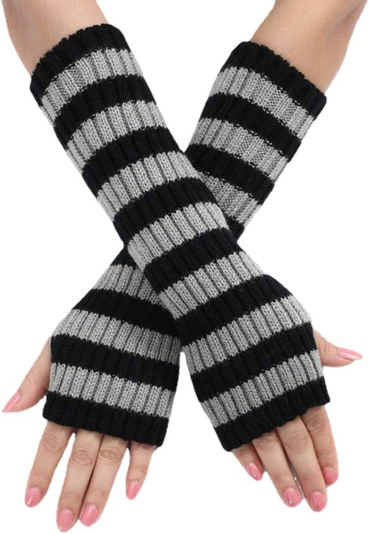 Y2k Striped Arm Warmers Long Fingerless Knitted Gloves Punk Gothic Alt Emo Scene Cool Winter Arm Sleeves V1259-DP01-A-3195