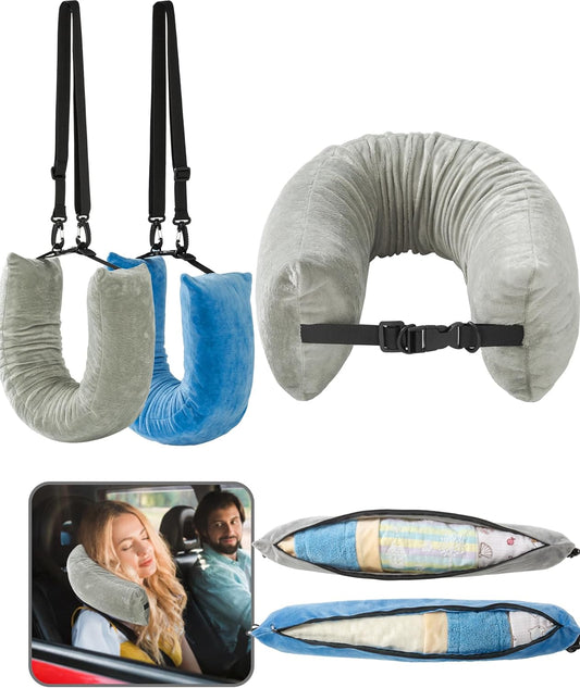 2 Pack Stuffable Travel Neck Pillow for Extra Luggage Clothes Adjustable U-Shapes Airplane Plane Travel V1259-DP01-A-3218