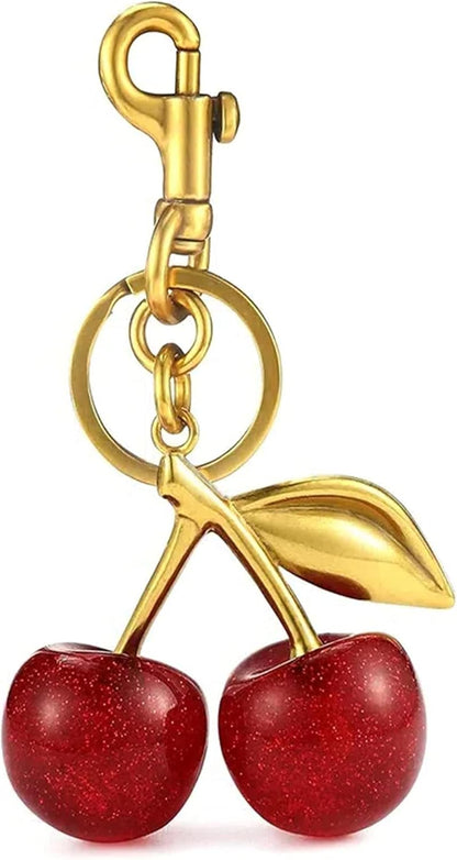 Luxurious 18K Gold Plated Cherry Bag Charm, Cherry Keychain Accessory Purse Charm, Red, Large V1259-DP01-A-3225