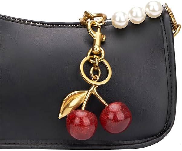 Luxurious 18K Gold Plated Cherry Bag Charm, Cherry Keychain Accessory Purse Charm, Red, Large V1259-DP01-A-3225