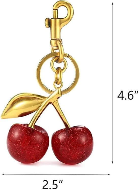Luxurious 18K Gold Plated Cherry Bag Charm, Cherry Keychain Accessory Purse Charm, Red, Large V1259-DP01-A-3225