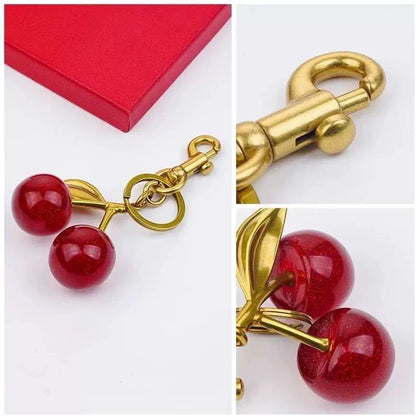 Luxurious 18K Gold Plated Cherry Bag Charm, Cherry Keychain Accessory Purse Charm, Red, Large V1259-DP01-A-3225