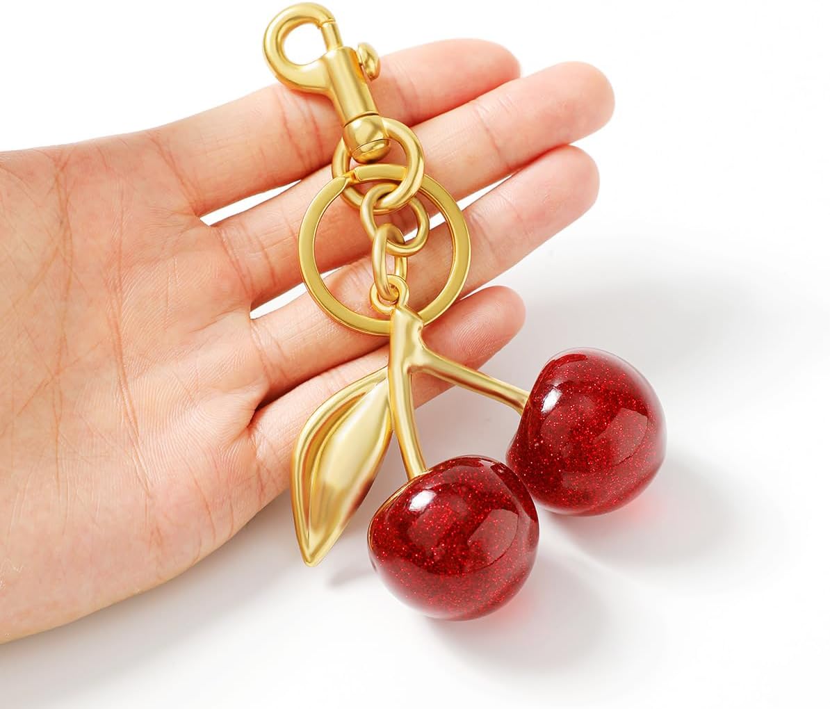Luxurious 18K Gold Plated Cherry Bag Charm, Cherry Keychain Accessory Purse Charm, Red, Large V1259-DP01-A-3225