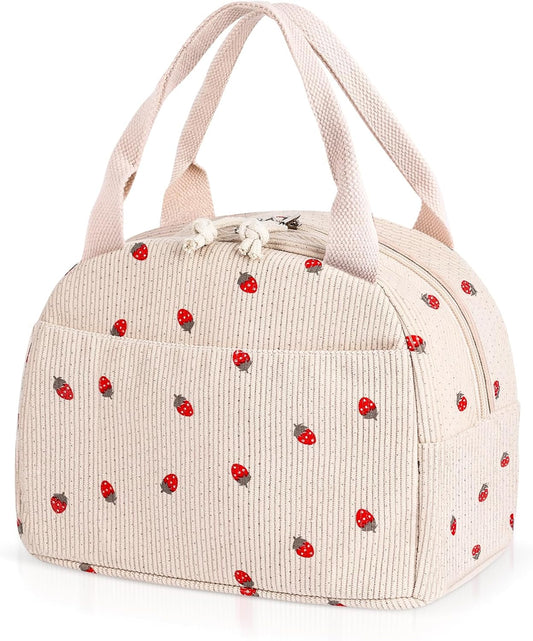 Lunch Bag for Women Girl Cute Strawberry Corduroy Lunch Tote Bags Leakproof Lunch Box Bag Large Capacity V1259-DP01-A-3241