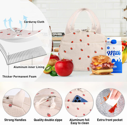 Lunch Bag for Women Girl Cute Strawberry Corduroy Lunch Tote Bags Leakproof Lunch Box Bag Large Capacity V1259-DP01-A-3241