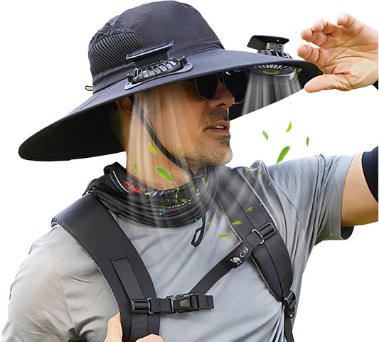 Wide Brim Solar Fan Hat Outdoor 2 Solar Fan Sun Bucket Hat for Men Women Fishing Hat with Removable & USB V1259-DP01-A-3257