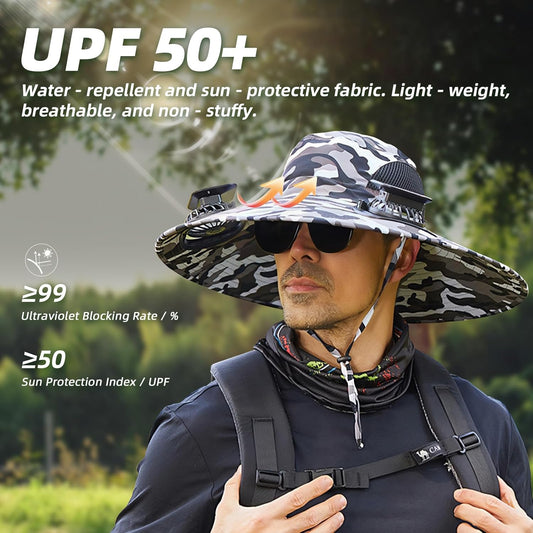 Wide Brim Solar Fan Hat Outdoor 2 Solar Fan Sun Bucket Hat for Men Women Fishing Hat with Removable & USB V1259-DP01-A-3257