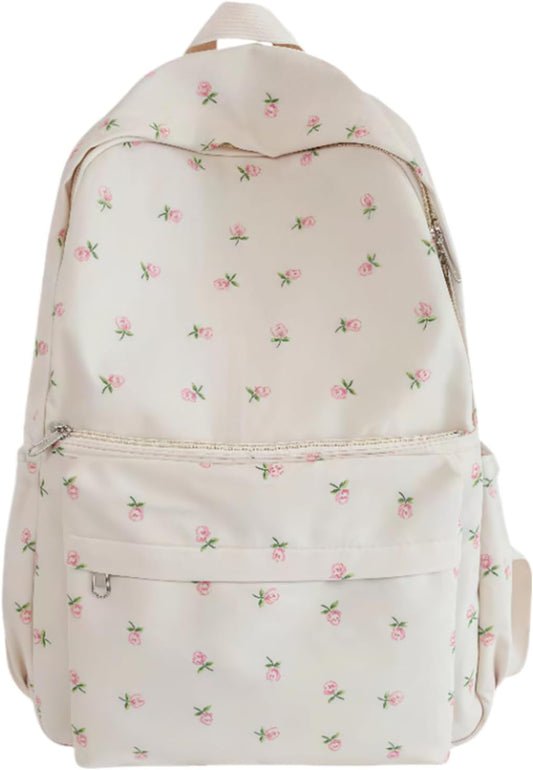 2025 Cute Preppy Bag Floral Printed Kawaii Backpack Cottagecore Aesthetic Backpack Laptop Daypack, White, V1259-DP01-A-3280
