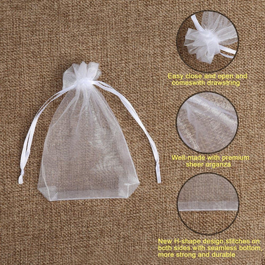 100PCS Premium Sheer Organza Bags, White Wedding Favor Bags Drawstring, 4x4.72 Jewelry Gift Bags Party, V1259-DP01-A-3286