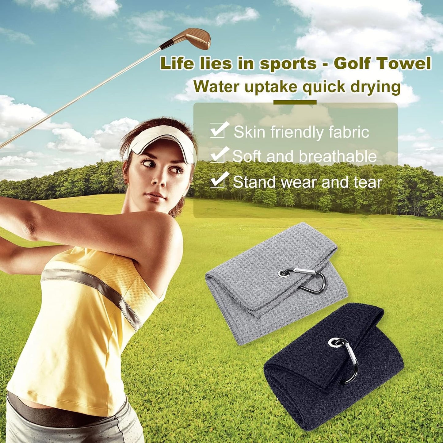 Golf Towel,2 PackPremium Microfiber Fabric Waffle Pattern Towels,Heavy Duty Carabiner Clip (2 Pcs,2 Colors) V1259-DP01-A-3294