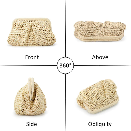 Straw Clutch Purse for Women Cloud Dumpling Pouch Straw Crossbody Shoulder Handbag Summer Beach Woven Bag V1259-DP01-A-3303