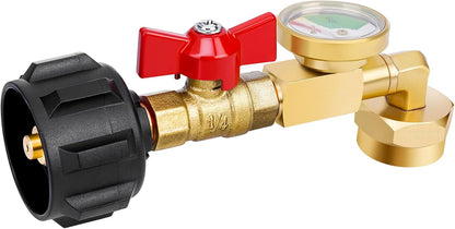 Propane Refill Adapter 20lb to 1lb Camping, Design with Valve and Gauge, Upgrade 90-Degree Elbow Design, Fill V1259-DP01-A-3309