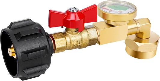 Propane Refill Adapter 20lb to 1lb Camping, Design with Valve and Gauge, Upgrade 90-Degree Elbow Design, Fill V1259-DP01-A-3309