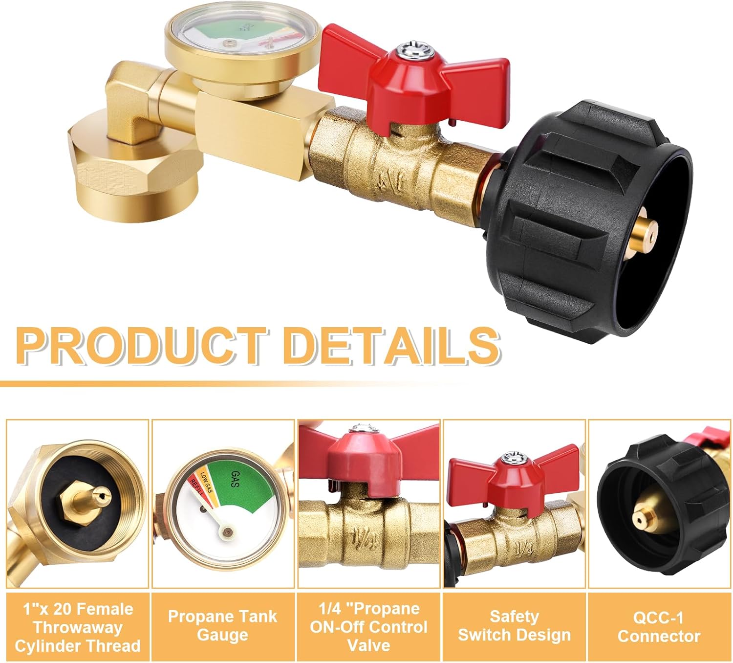 Propane Refill Adapter 20lb to 1lb Camping, Design with Valve and Gauge, Upgrade 90-Degree Elbow Design, Fill V1259-DP01-A-3309