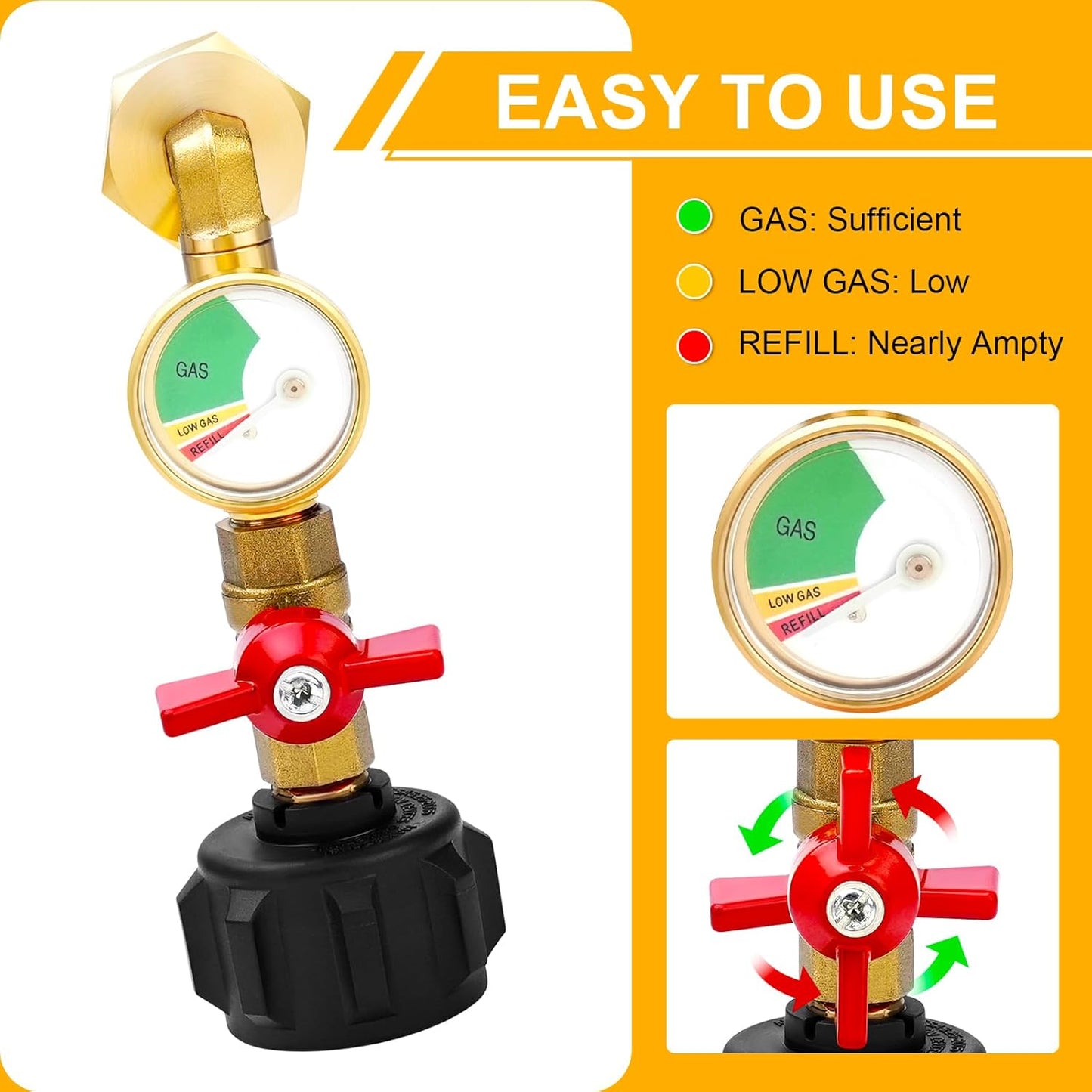 Propane Refill Adapter 20lb to 1lb Camping, Design with Valve and Gauge, Upgrade 90-Degree Elbow Design, Fill V1259-DP01-A-3309
