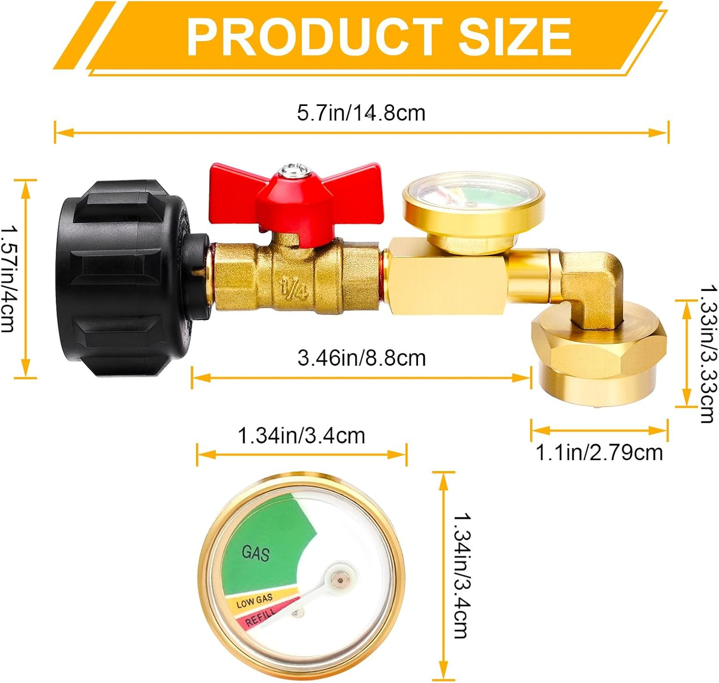 Propane Refill Adapter 20lb to 1lb Camping, Design with Valve and Gauge, Upgrade 90-Degree Elbow Design, Fill V1259-DP01-A-3309