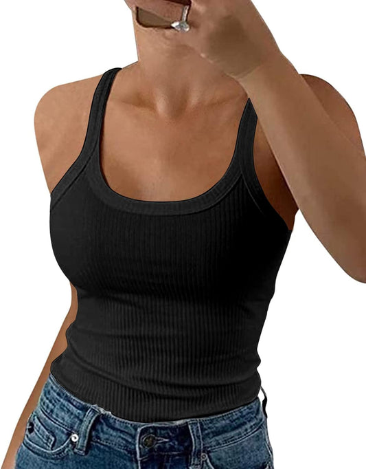 Women Spaghetti Strap Scoop Neck Ribbed Tank Tops Slim Fitted Cotton Camisole Basic Sleeveless Layering Shirts V1259-DP01-A-3312